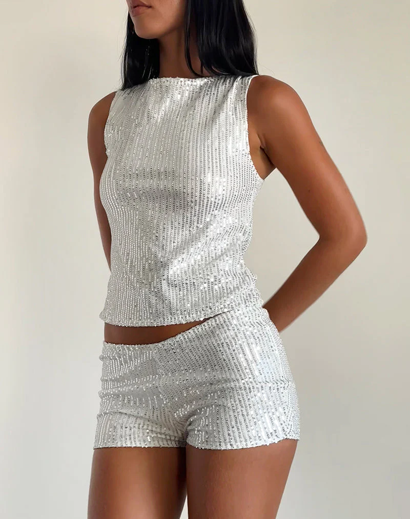 Hala Top in Silber Chrom Drapierung Mini Pailletten - Image 3