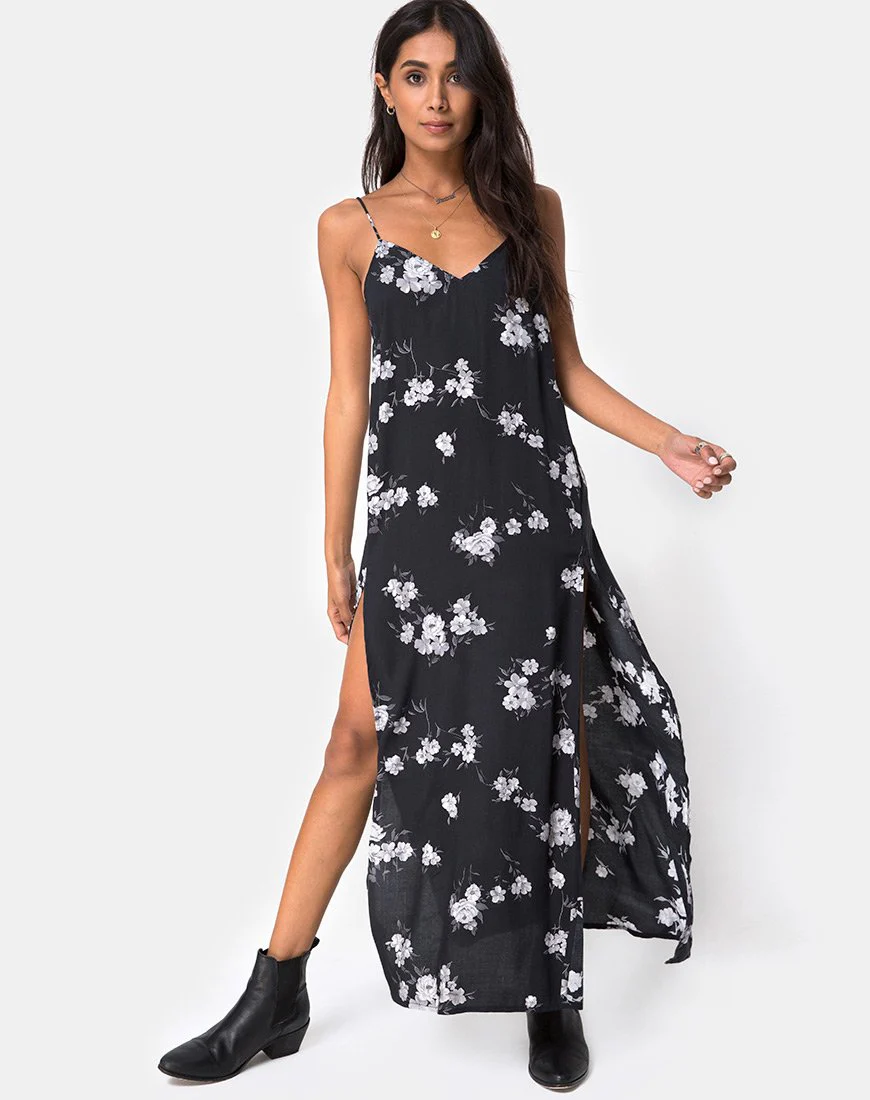 Hime Maxikleid in Mono Flower Schwarz