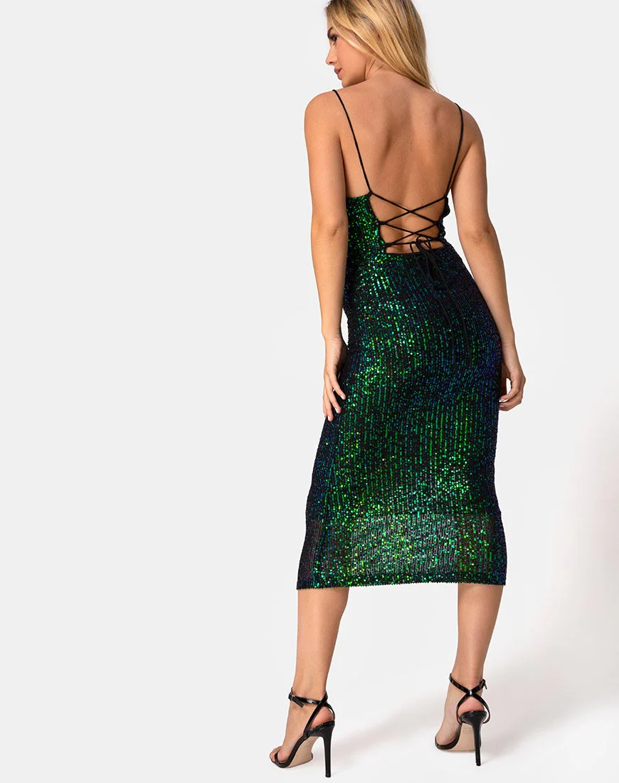 Humia Midikleid aus drapiertem Netz mit schillernden Pailletten in Grün - Image 4