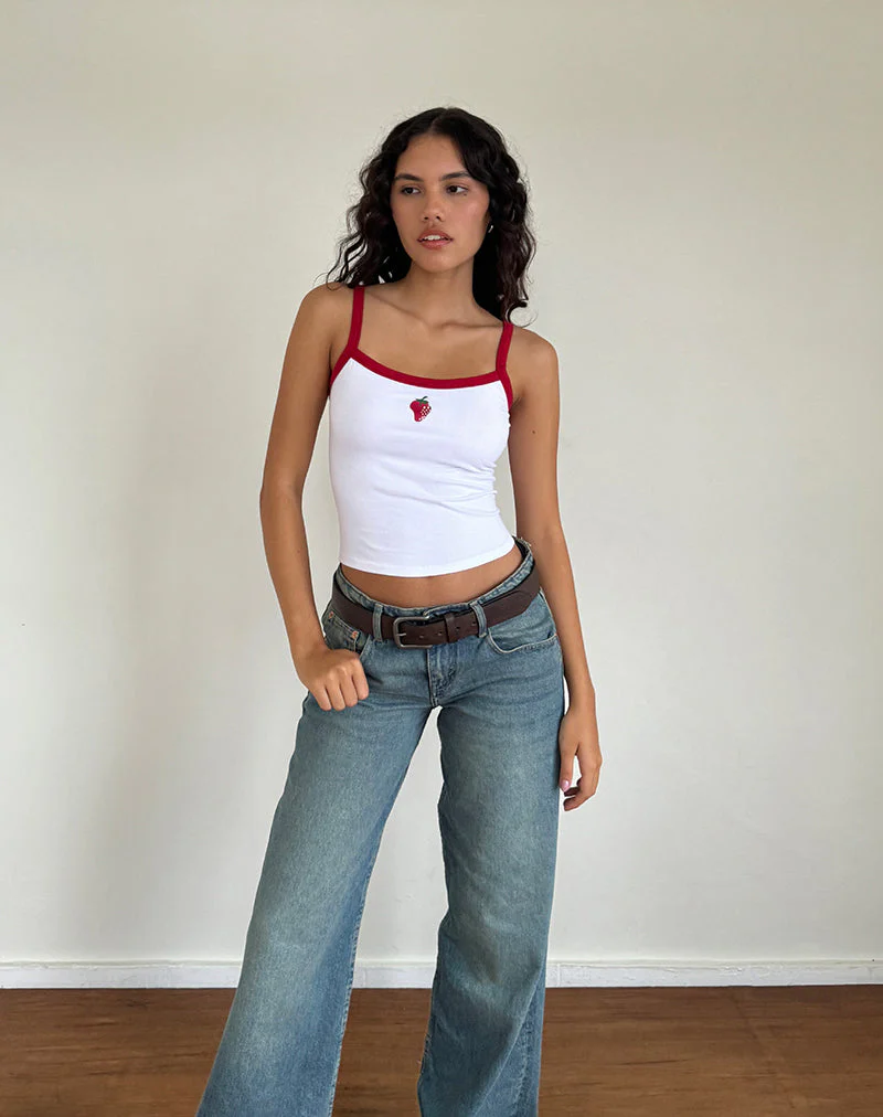 Icah Vest Top in Weiß mit roter Bindung und Erdbeere - Image 5