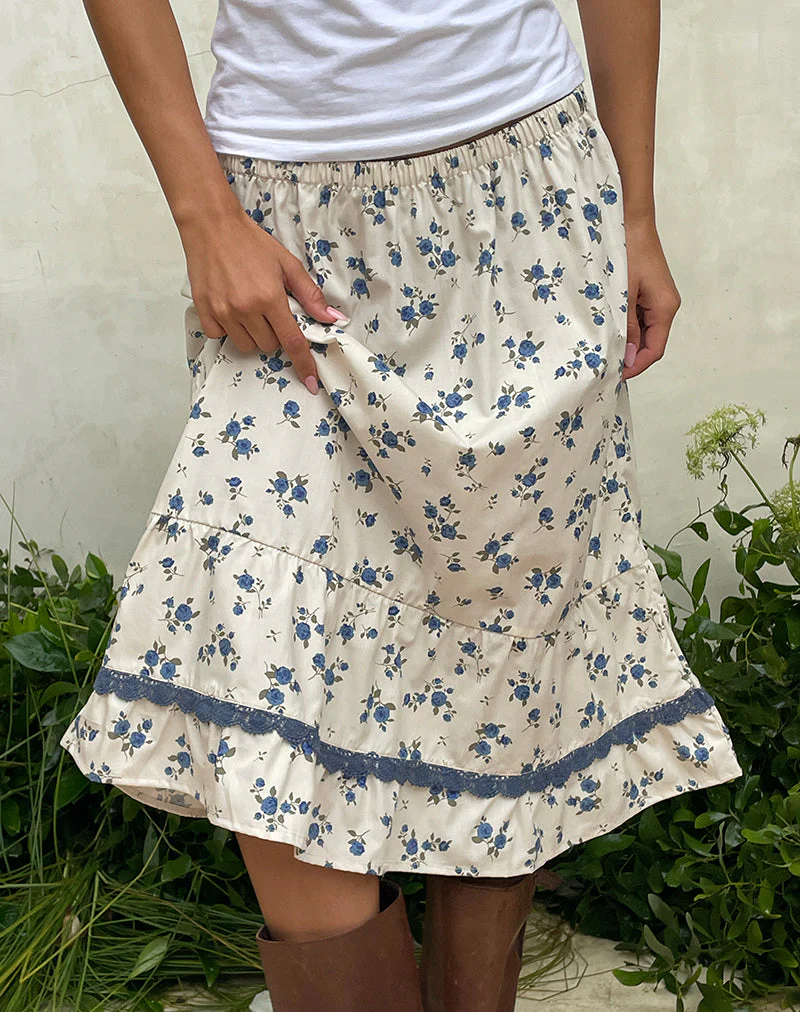 Ilaria Midi Skirt in Ditsy Leaf Rose Navy