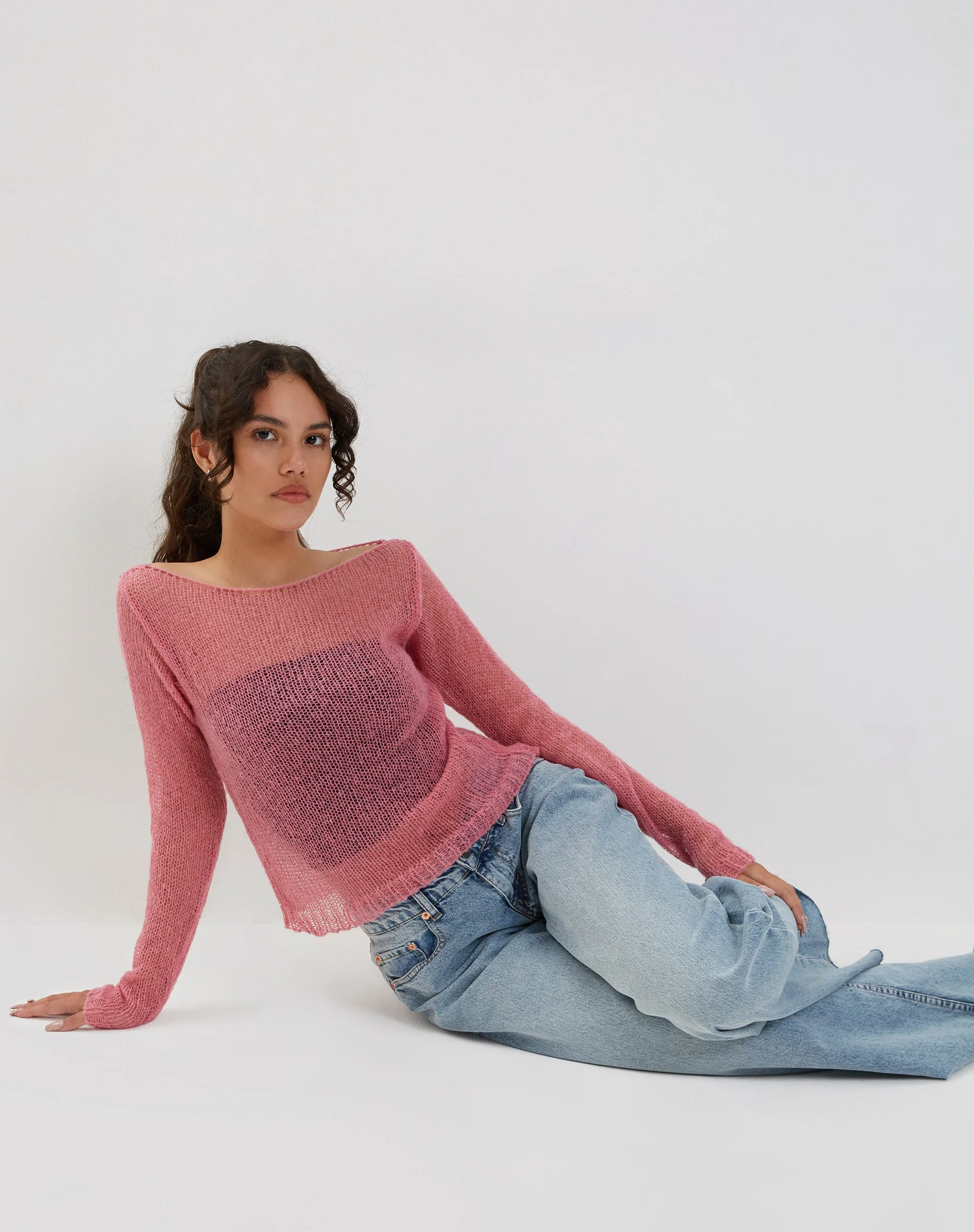 Imelda Fine Open Knit Langarm-Top in Rosa - Image 2
