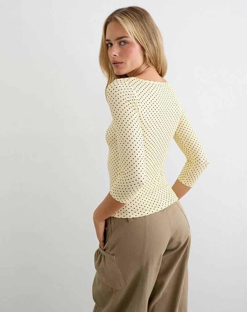 Ione Quarter Sleeve Top in Butter Yellow with Micro Polka Dots - Image 4
