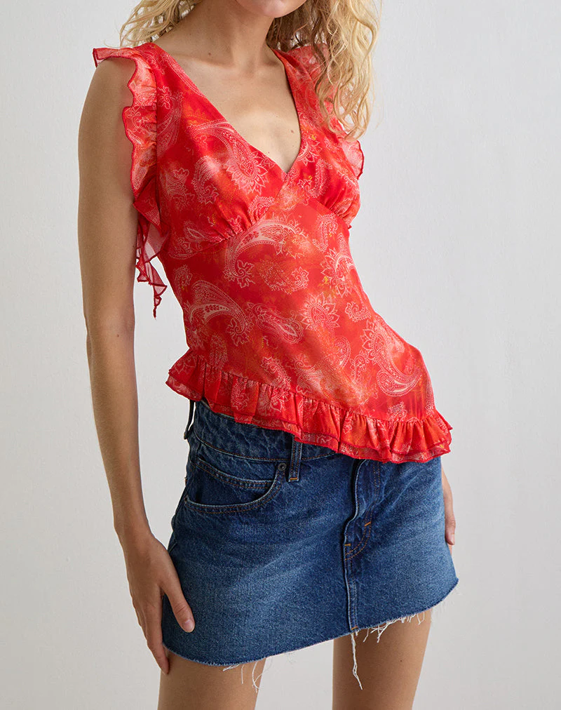 Iravela Asym Oberteil aus Paisley Chiffon Rot - Image 4