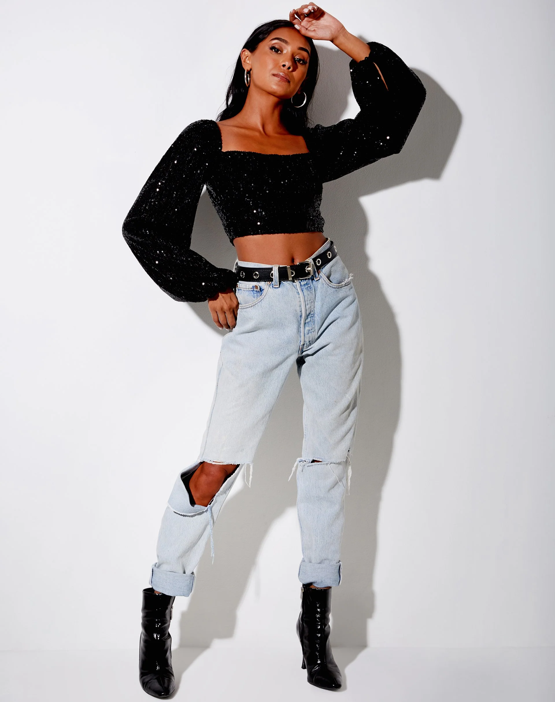 Irene Crop Top aus Drape Pailletten Schwarz - Image 3
