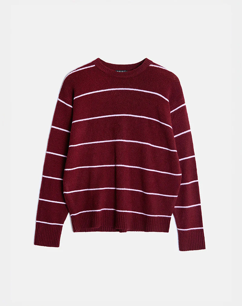 Ishari Strickpullover in Burgunderrot mit rosa Streifen - Image 2