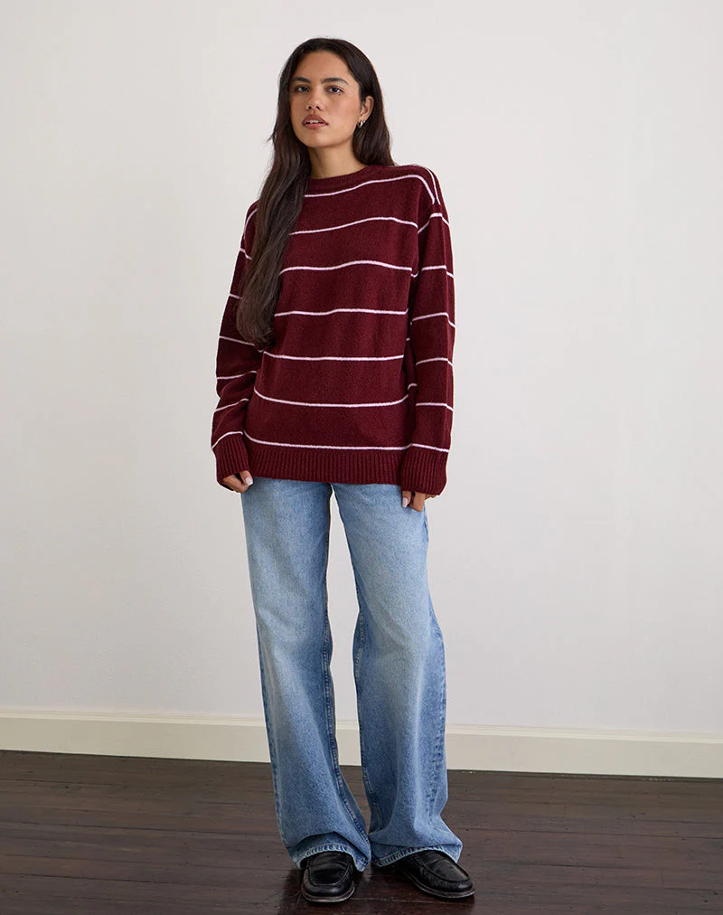 Ishari Strickpullover in Burgunderrot mit rosa Streifen - Image 3