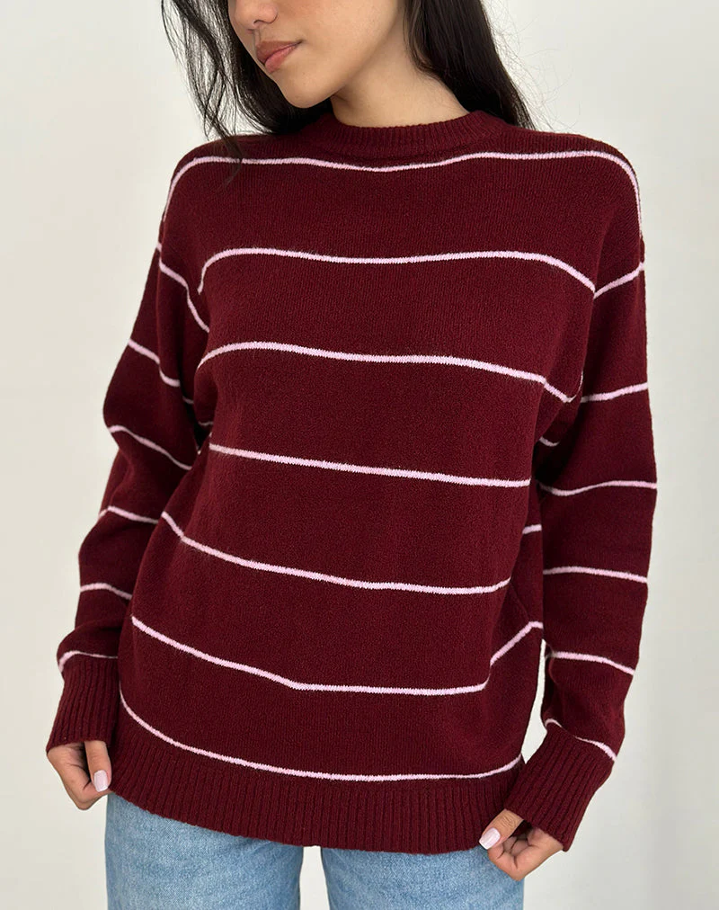 Ishari Strickpullover in Burgunderrot mit rosa Streifen - Image 4