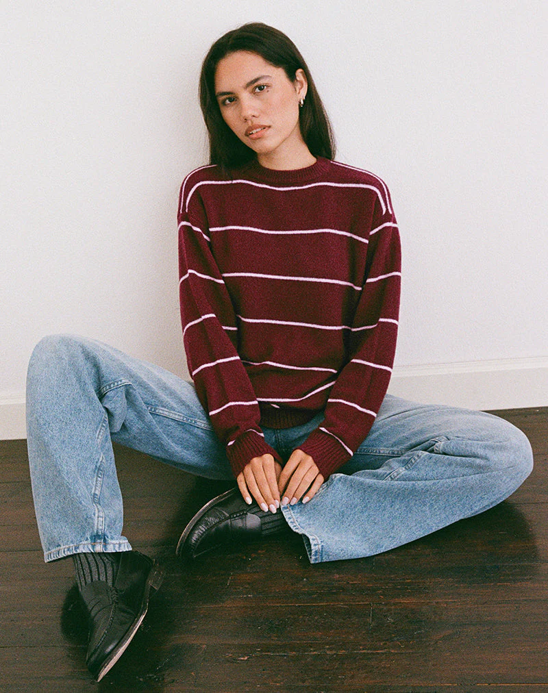 Ishari Strickpullover in Burgunderrot mit rosa Streifen - Image 5