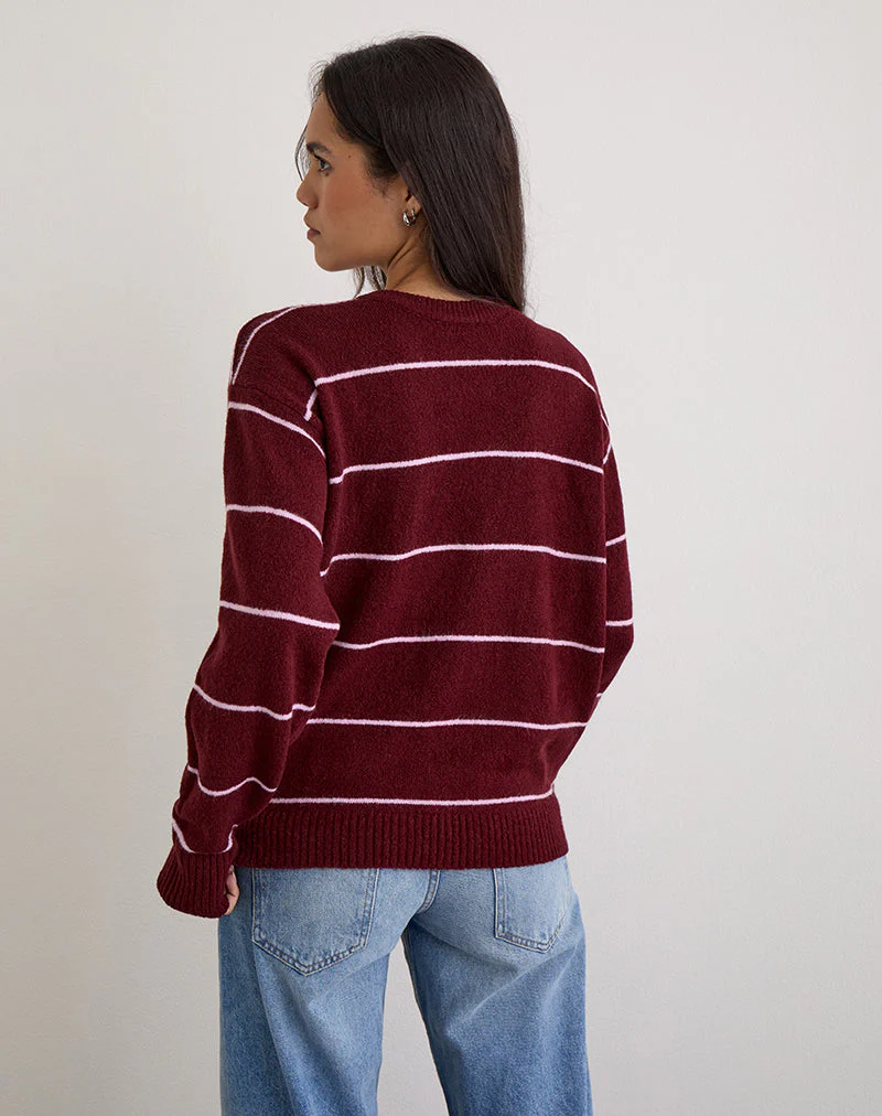 Ishari Strickpullover in Burgunderrot mit rosa Streifen - Image 6