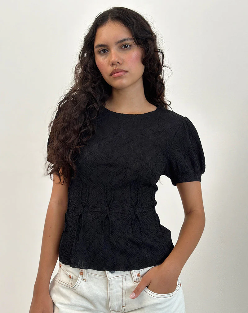 Jaina Top mit Puffärmeln aus strukturiertem Schwarz - Image 3