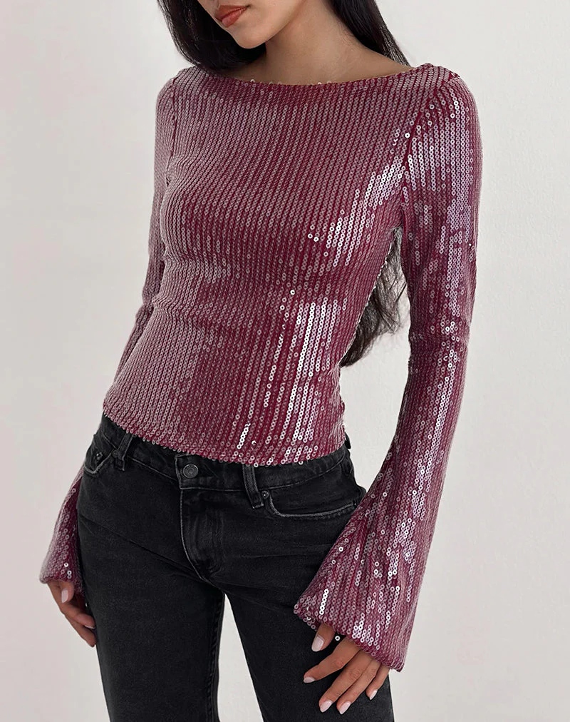 Jalwa Langarm-Oberteil in Pailletten-Maroon - Image 2
