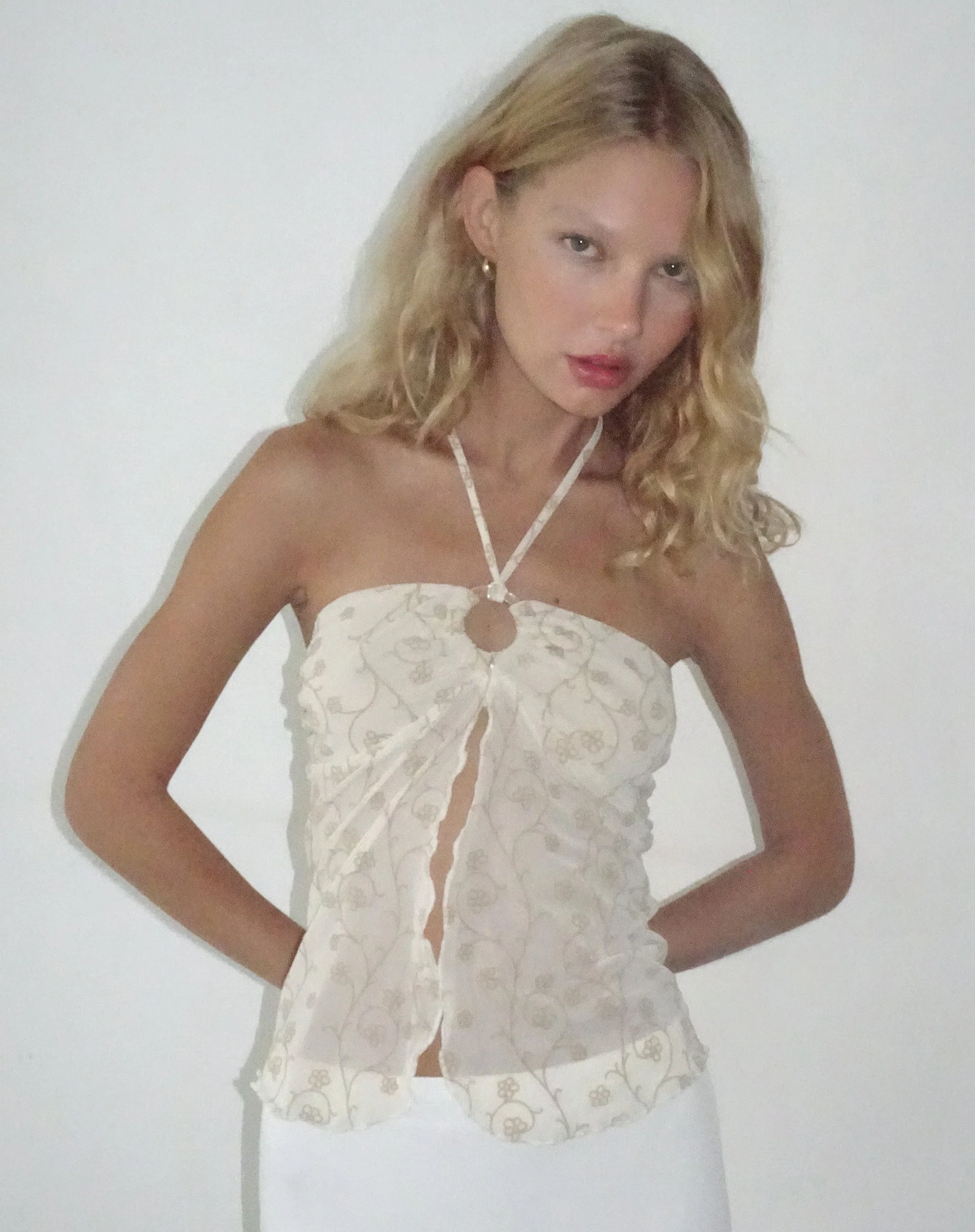 Janar Neckholder-Top in Beige Zierlicher Blumenflaum - Image 4