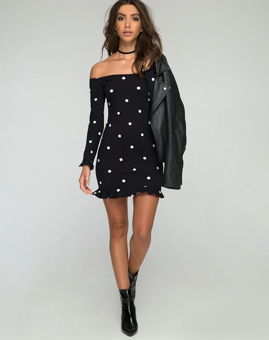 Jazzie Schulterfreies Kleid mit Polkadot in Schwarz und Weiß - Image 3