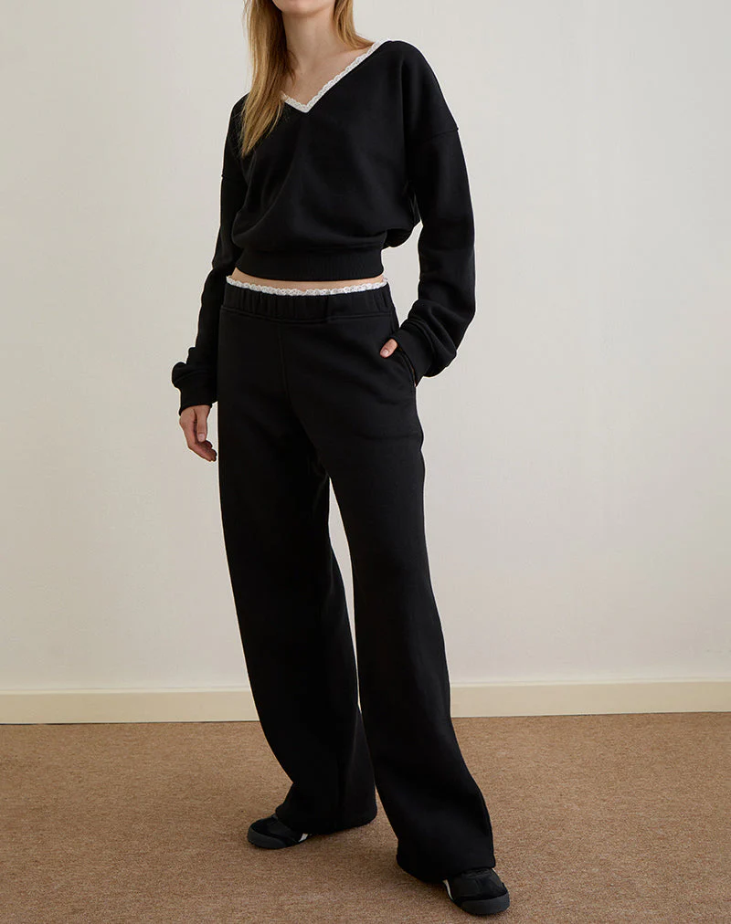 Jenita Loose Jogger in Schwarz mit weißem Picot-Besatz - Image 4