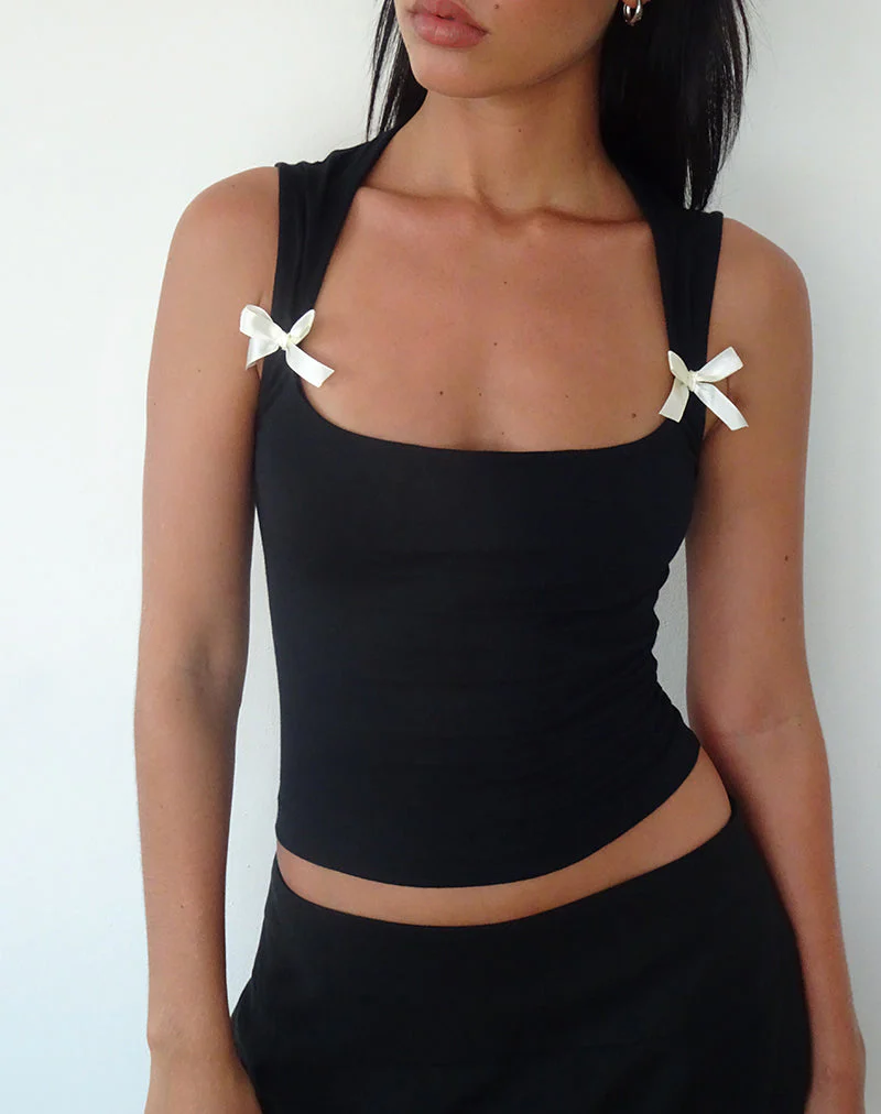 Jiniso Crop Top in Schwarz mit elfenbeinfarbenen Schleifen - Image 4