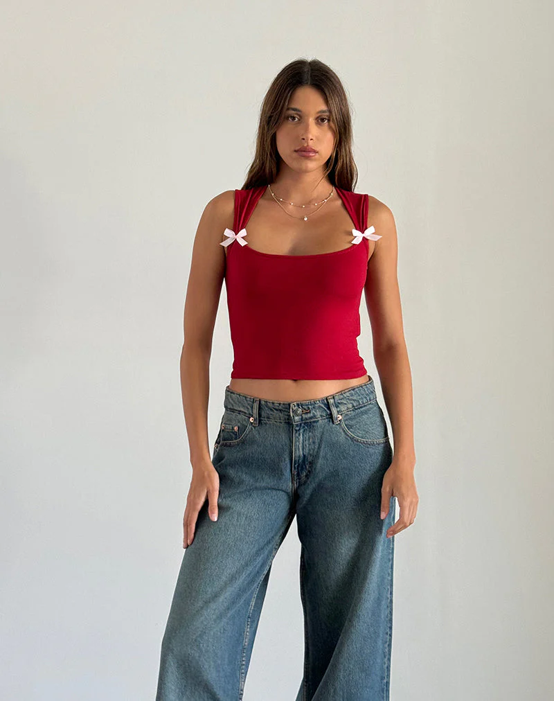 Jiniso Crop Top in Adrenalinrot mit rosa Schleifen - Image 3