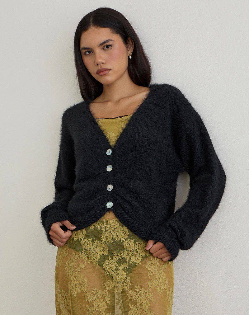 Jiyo Geraffte Strickjacke aus Strick Schwarz