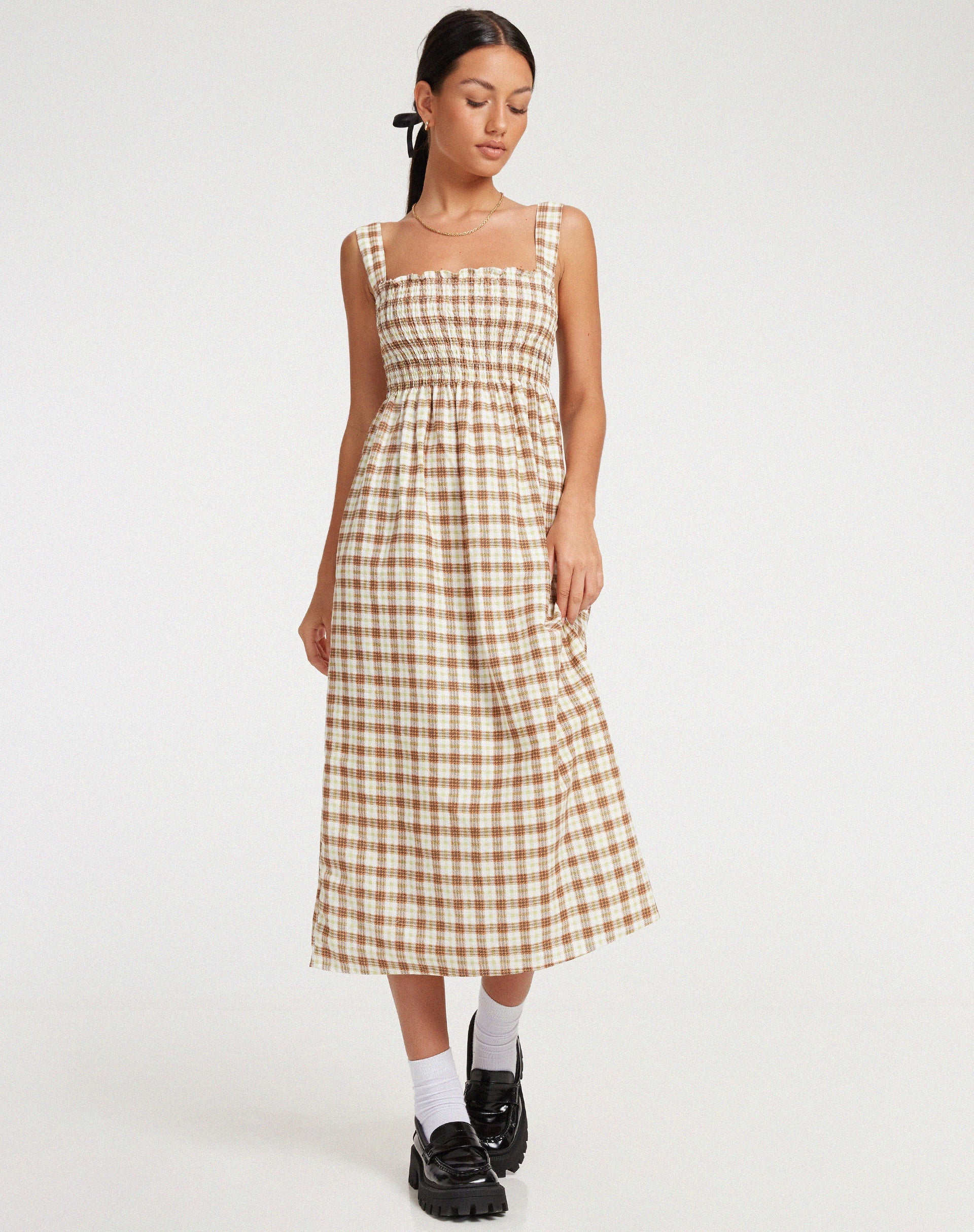Jocasta Midikleid in Gelb und Braun kariert