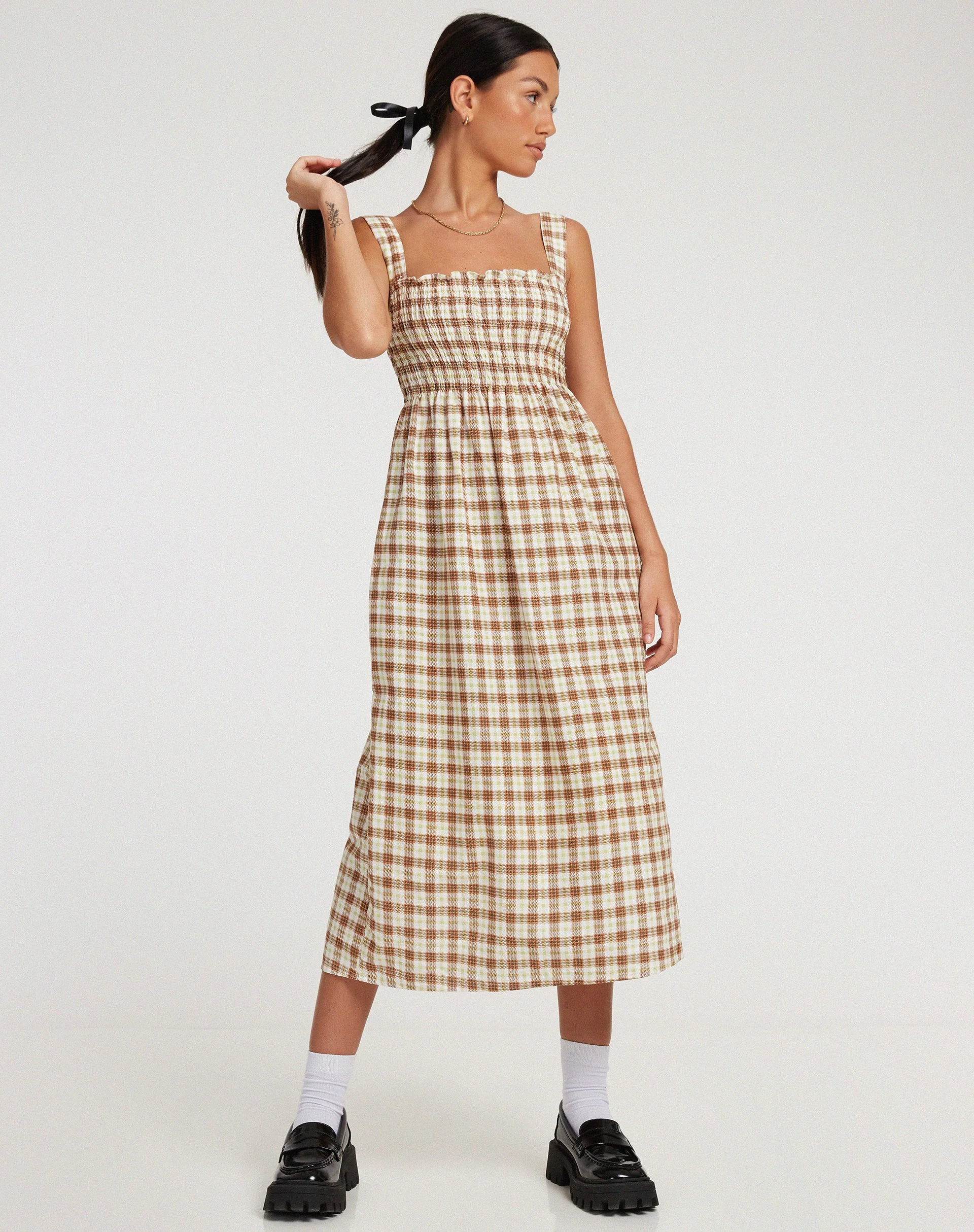 Jocasta Midikleid in Gelb und Braun kariert - Image 3