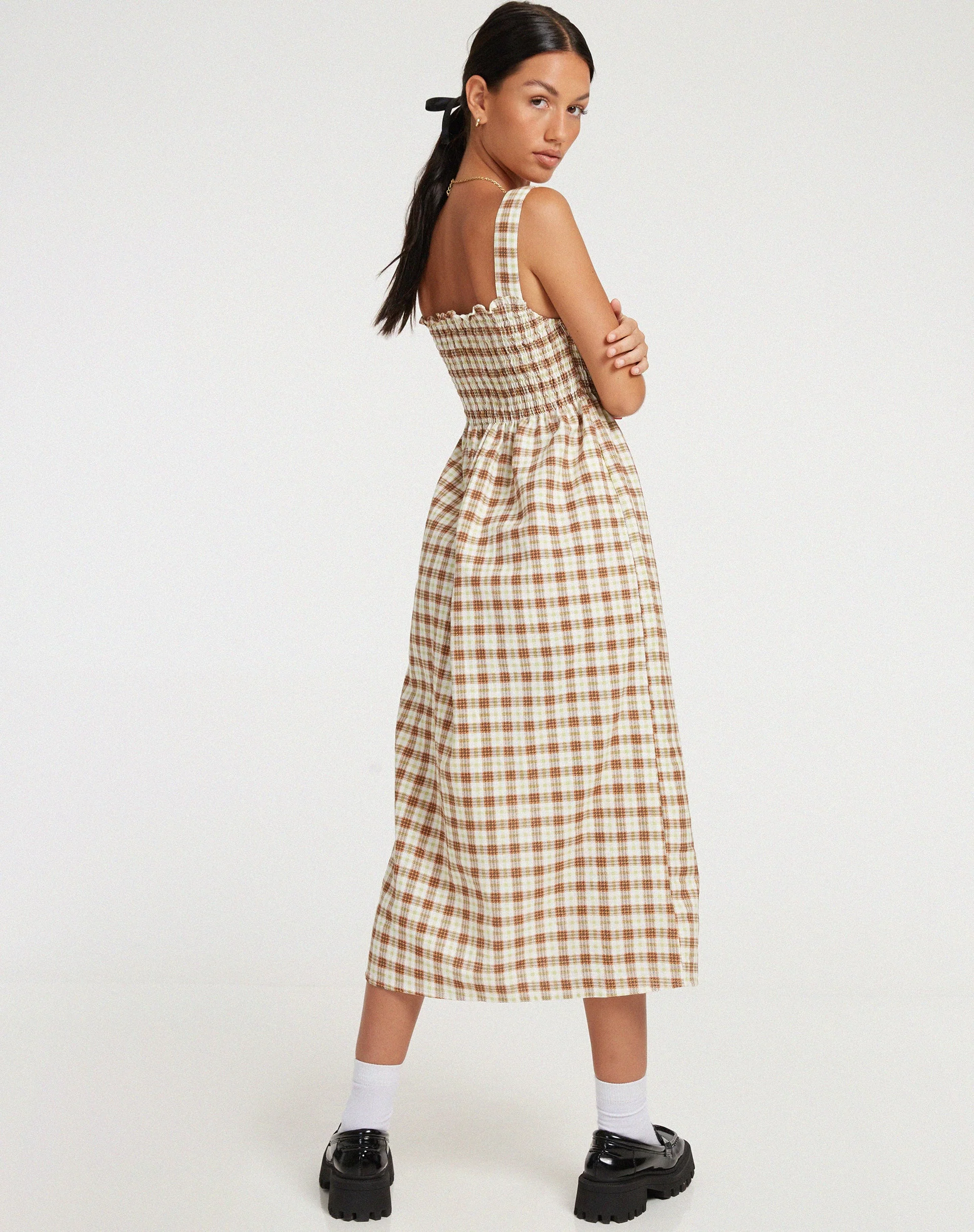 Jocasta Midikleid in Gelb und Braun kariert - Image 4