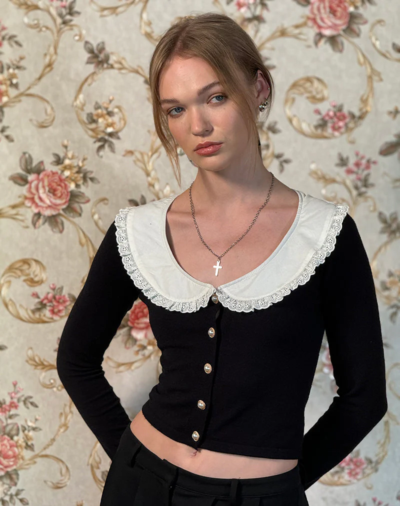Jodine Strickcardigan in Schwarz mit weißer Rüsche - Image 3