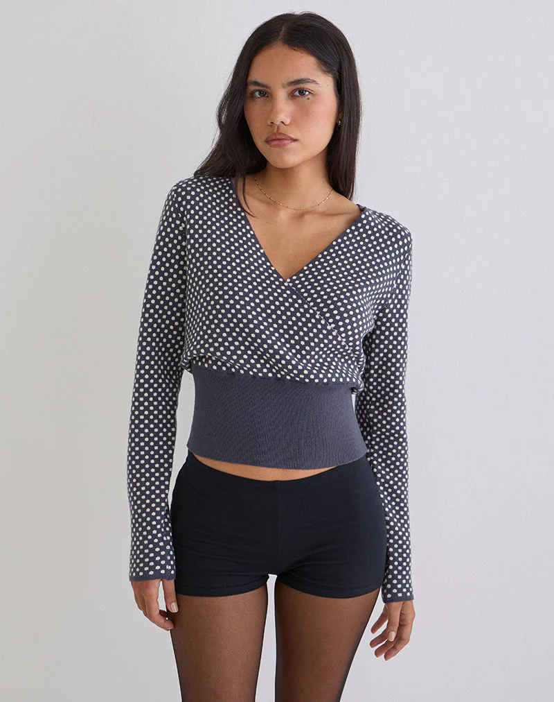 Josina Top aus kompaktem Strick mit grauen und elfenbeinfarbenen Punkten - Image 5