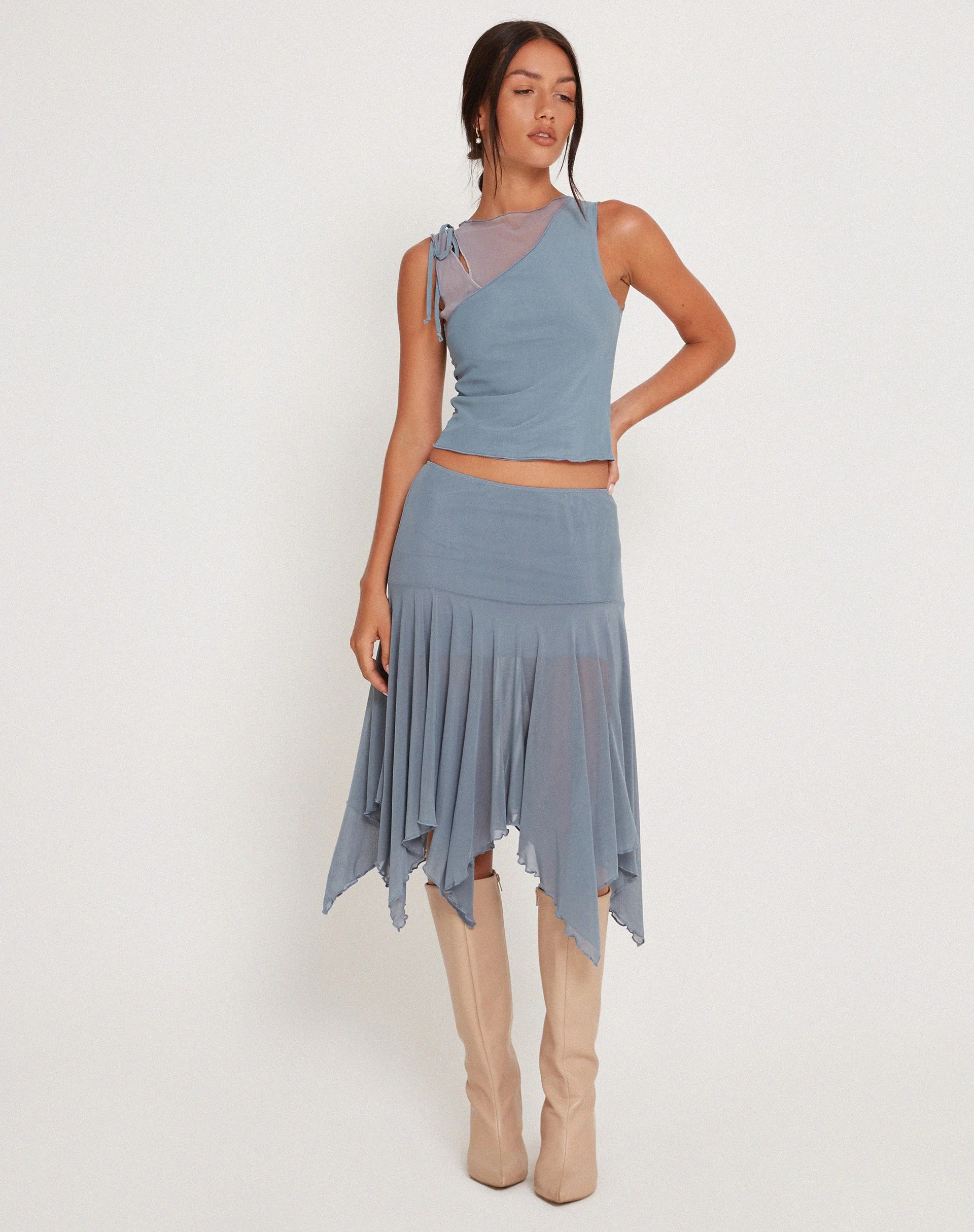Jovali Midirock mit niedriger Taille aus blauem, grauem Mesh - Image 5
