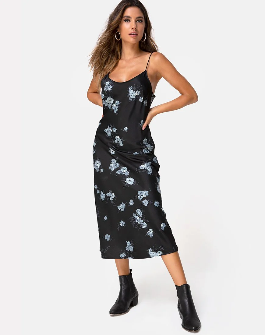 Julia Maxikleid aus schwarzem Satin mit Monoblume