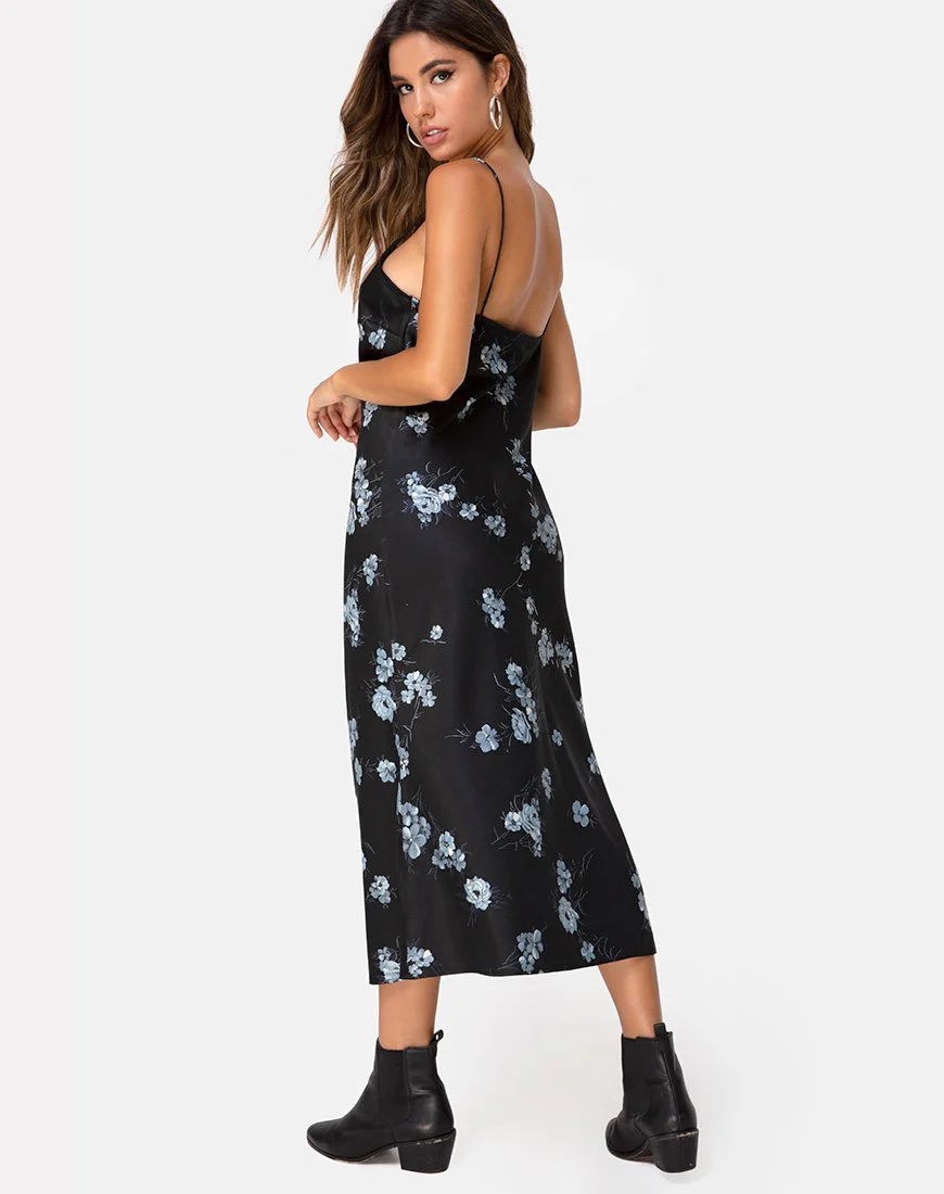 Julia Maxikleid aus schwarzem Satin mit Monoblume - Image 2