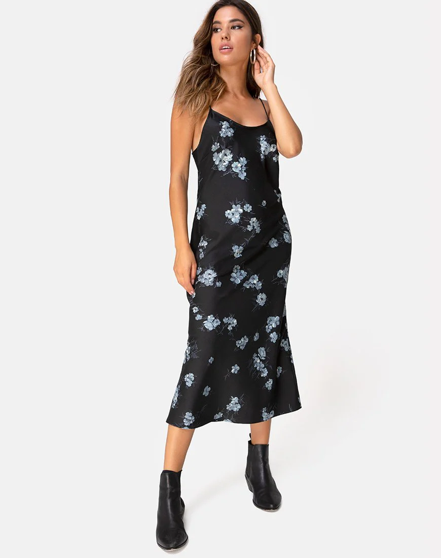 Julia Maxikleid aus schwarzem Satin mit Monoblume - Image 3