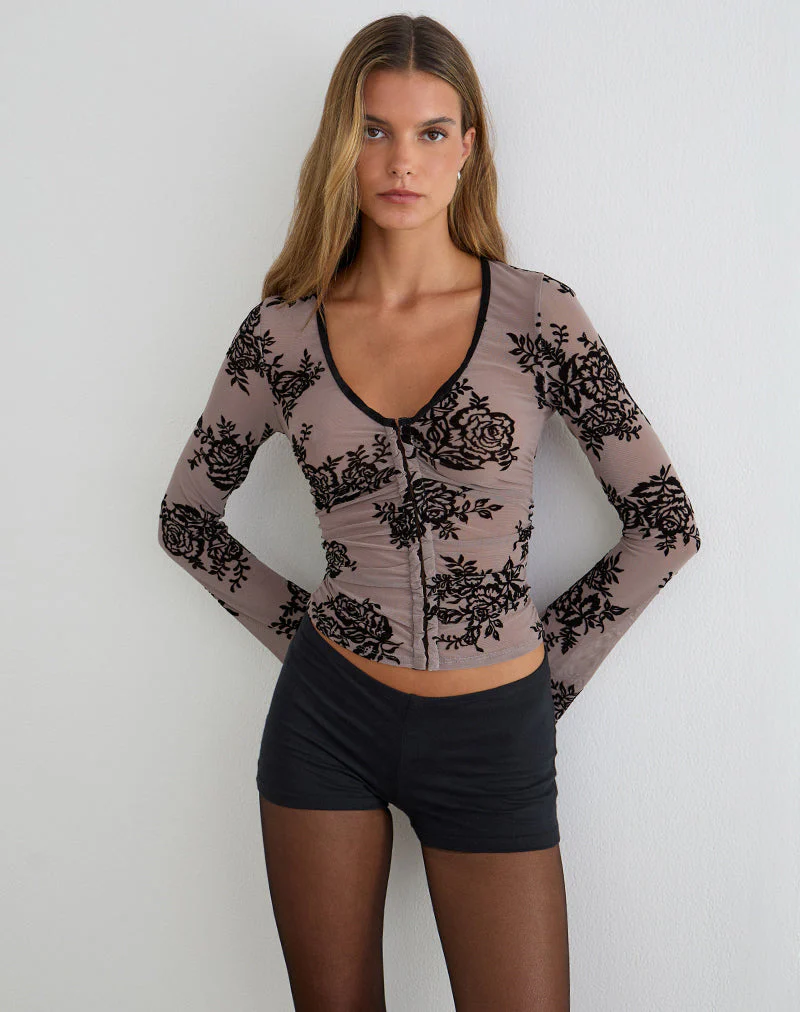 Jumah Top in Taupe-Grau mit auffälligem Blumenflock