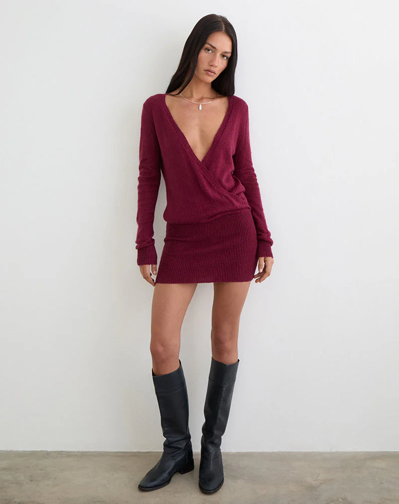 Junbi Wrap Minikleid aus Strick in Weinrot - Image 2
