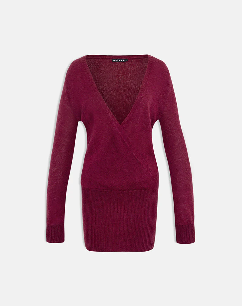 Junbi Wrap Minikleid aus Strick in Weinrot - Image 5