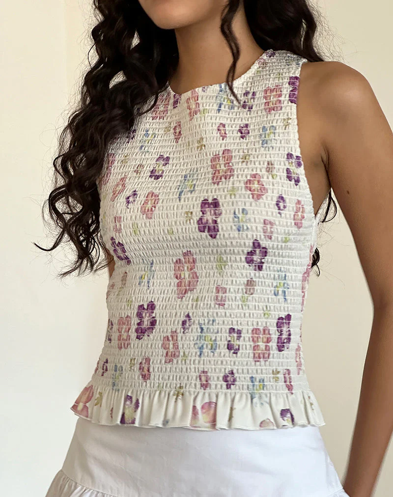 Kagumi Gerafftes Top in Blumenstempel Lila