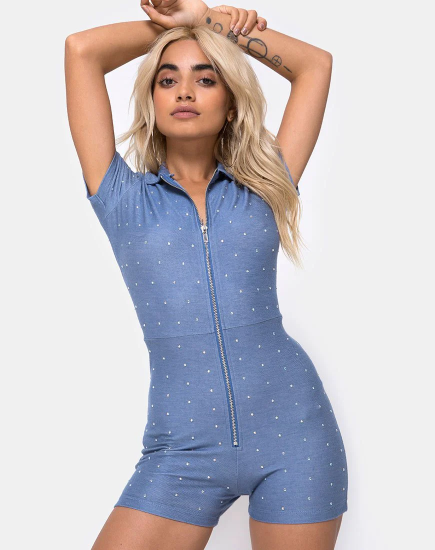 Kajoon Playsuit aus blauem Denim Hot Fix