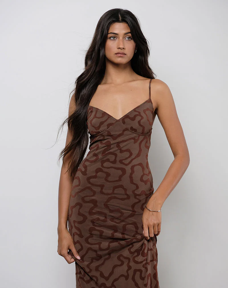 Kalana Maxikleid in Braun Swirl Flock