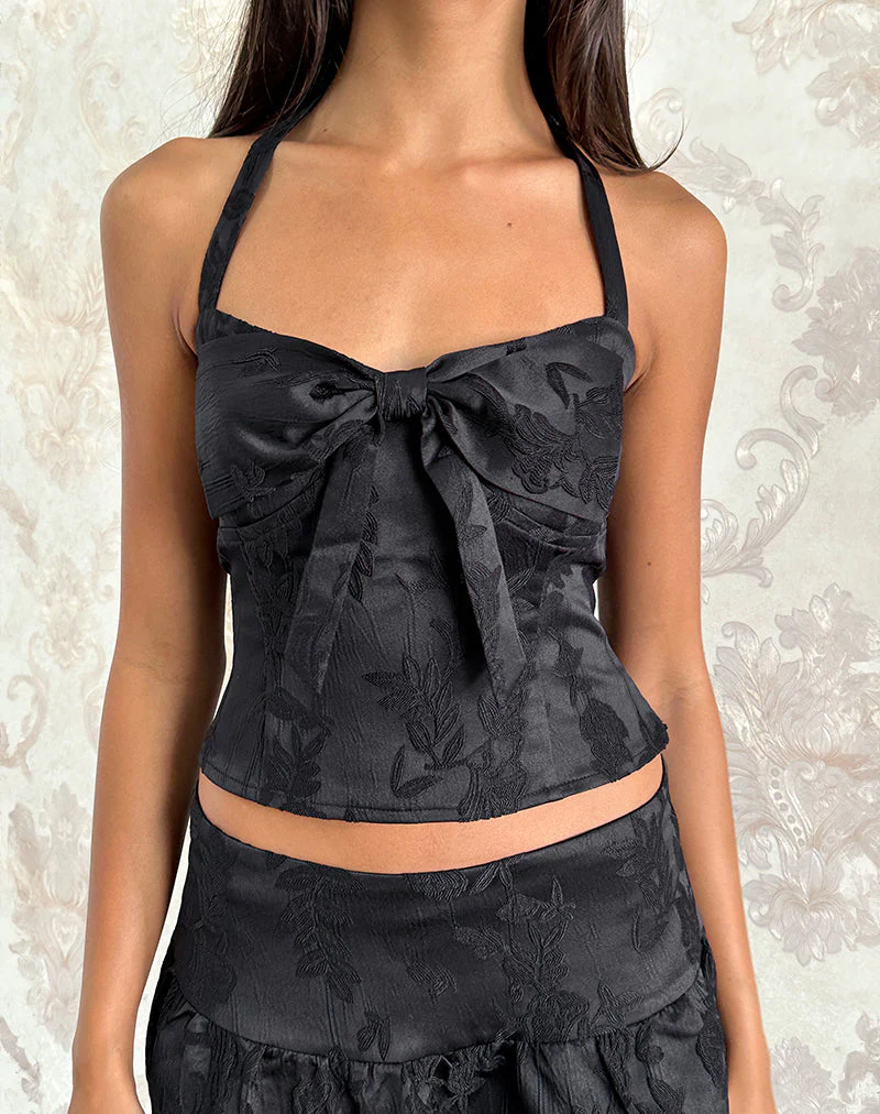 Kampi Neckholder-Top aus Satin-Jacquard Schwarz