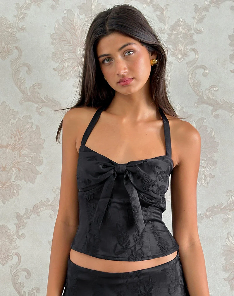 Kampi Neckholder-Top aus Satin-Jacquard Schwarz - Image 4
