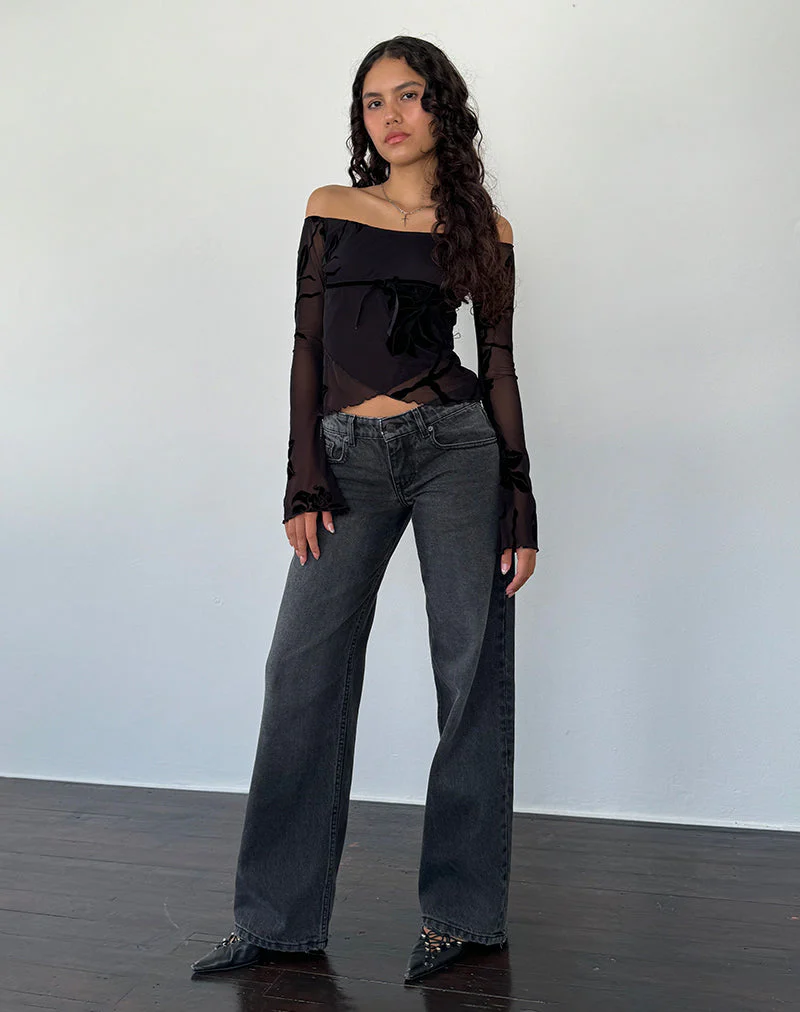 Kareena Langärmeliges Bardot-Top aus Orchideenflock Schwarz - Image 3
