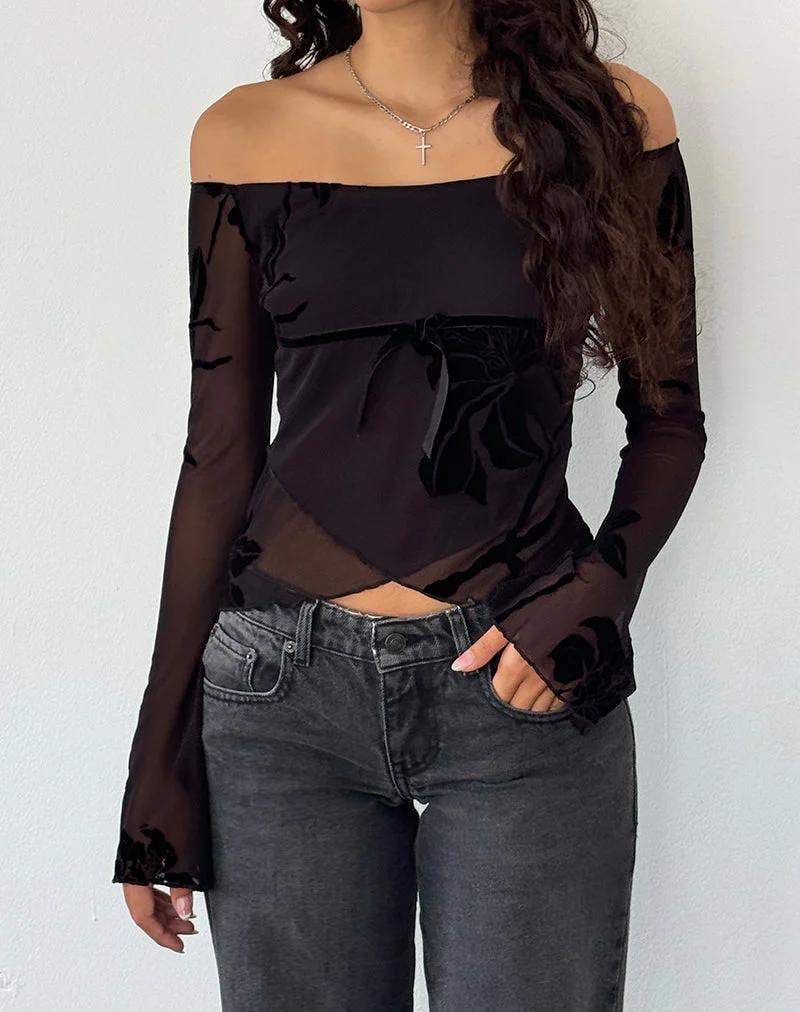 Kareena Langärmeliges Bardot-Top aus Orchideenflock Schwarz - Image 4