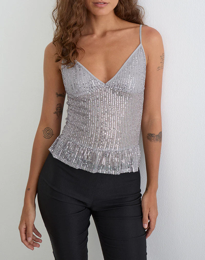 Karka Cami Top in Drapé Sequin Grey - Image 2