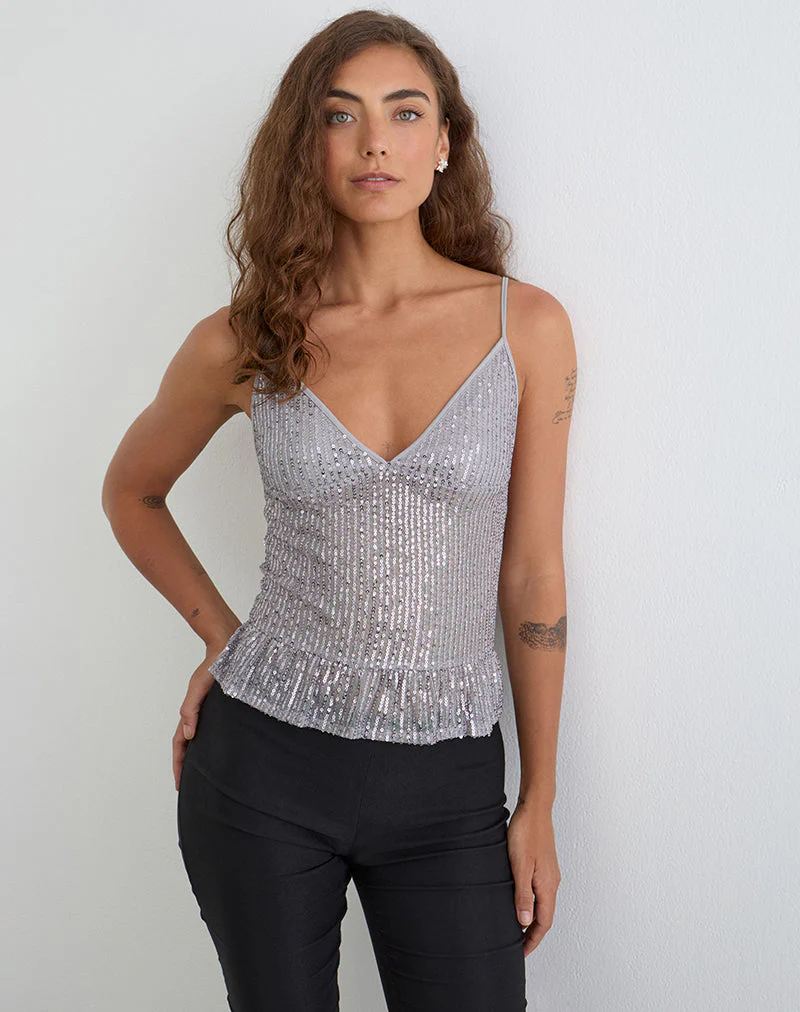 Karka Cami Top in Drapé Sequin Grey - Image 3