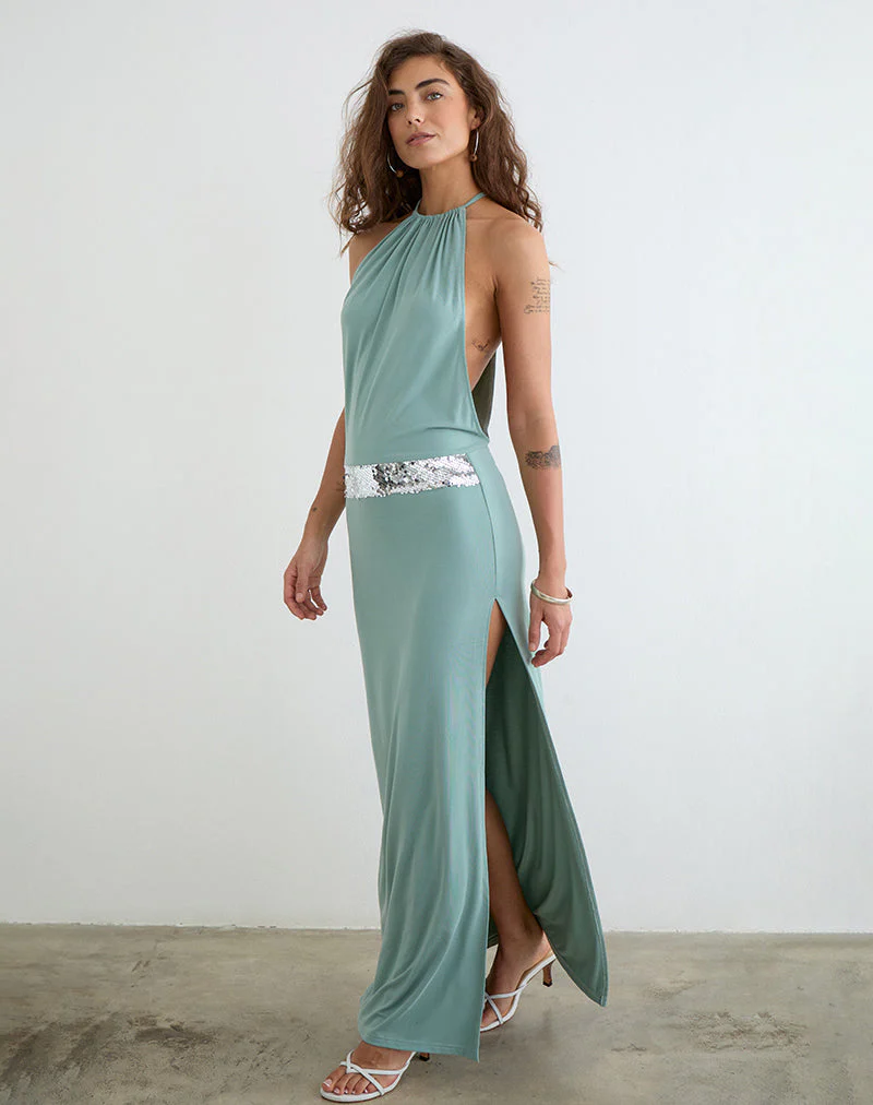 Karuna High Neck Maxi Dress in Aqua Grey - Image 4