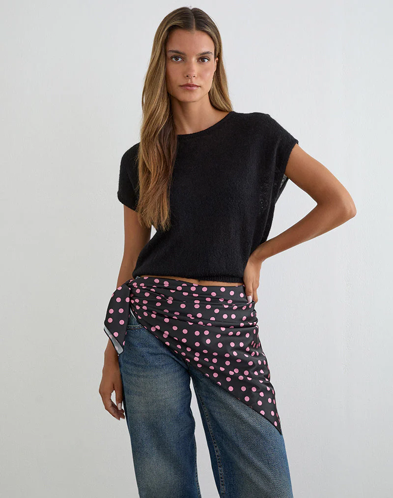 Kavra-Schal aus schwarzem Satin mit rosa Polka-Punkten