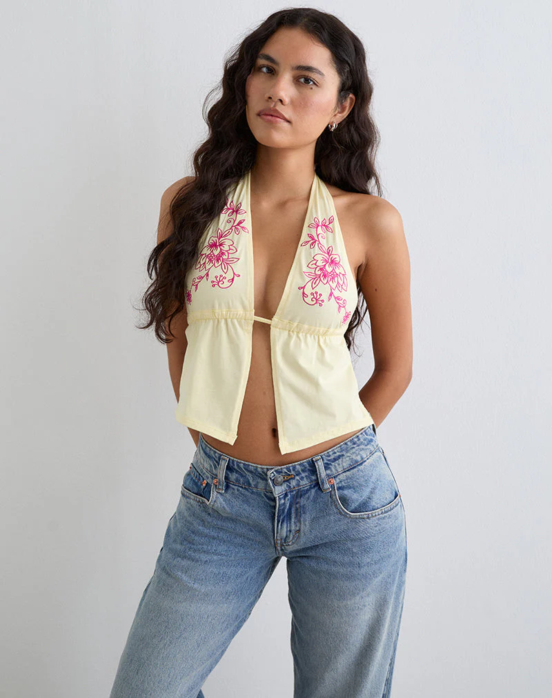 Kayria Krawatten-Top in Zitrone mit rosa Blumenstickerei - Image 2