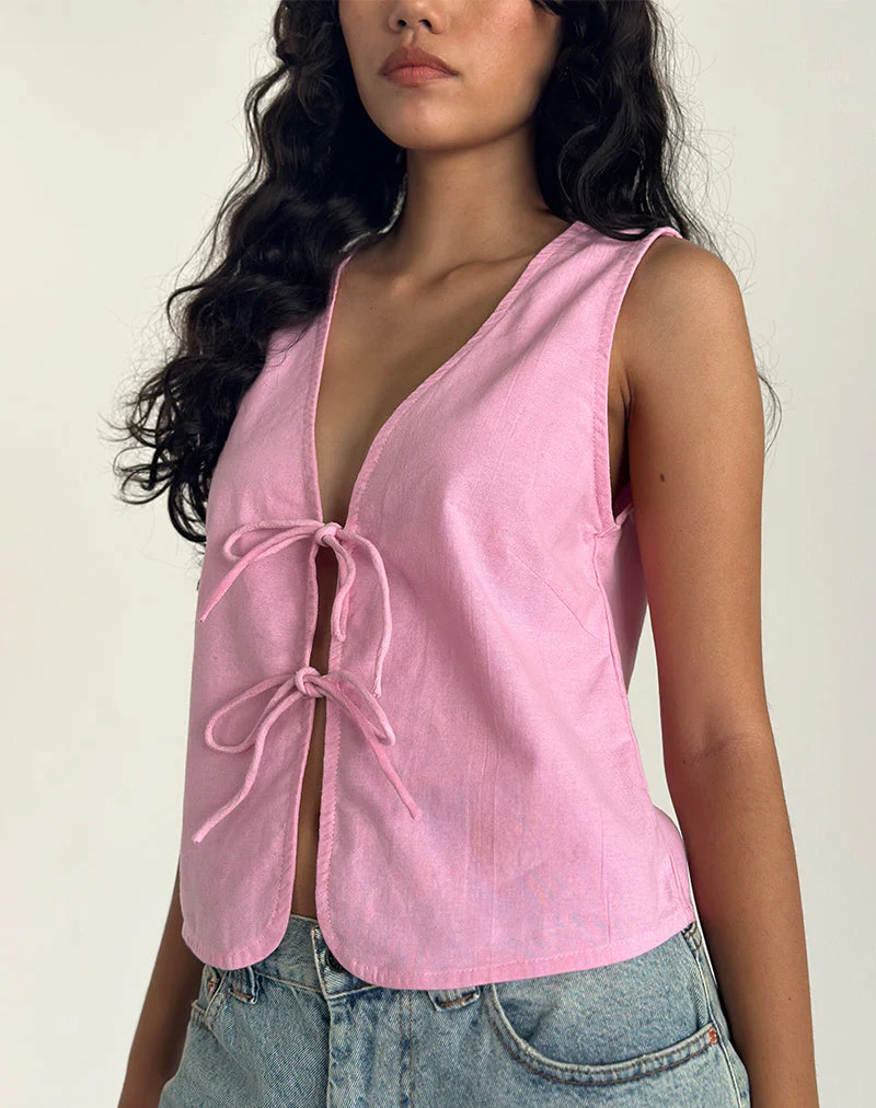 Kayve Tie Front Top in Flamingo Pink - Image 2