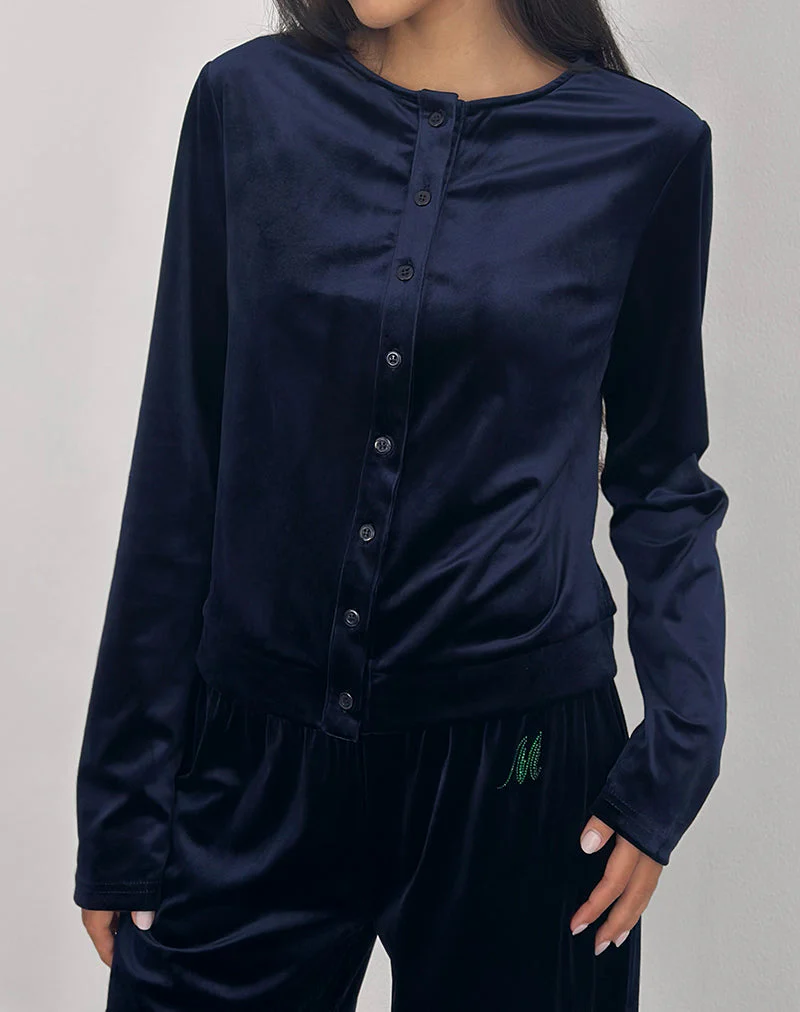 Kellen Strickjacke mit Knopfleiste aus Velours in Navy - Image 2