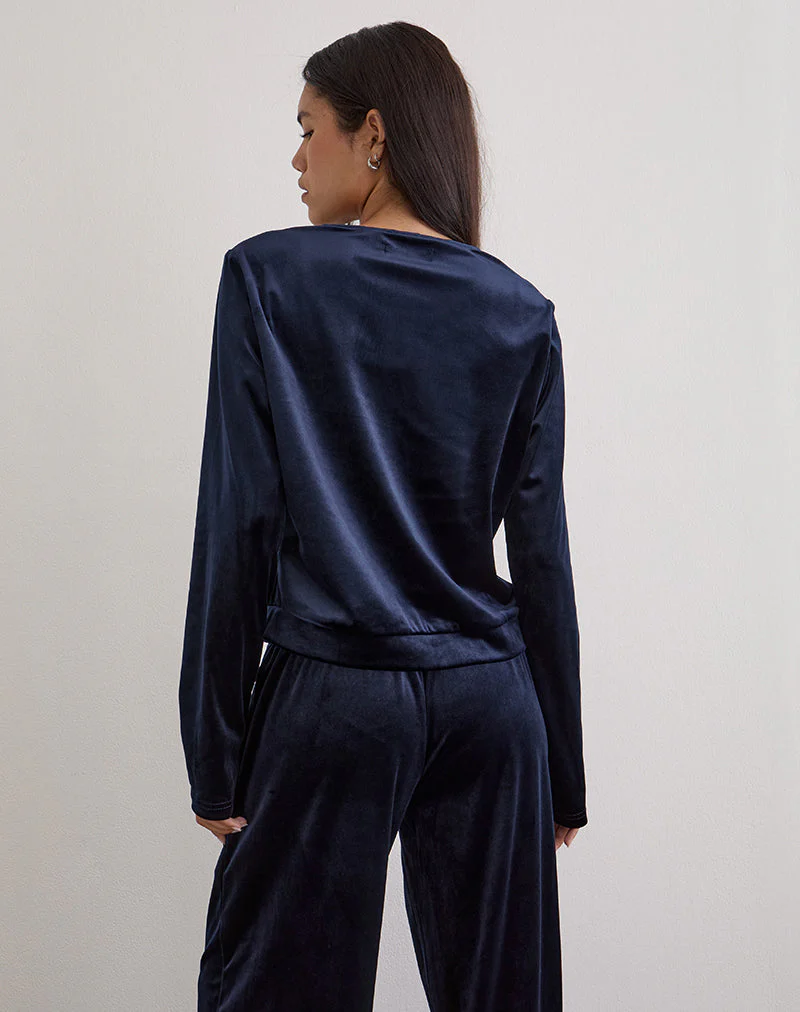 Kellen Strickjacke mit Knopfleiste aus Velours in Navy - Image 5