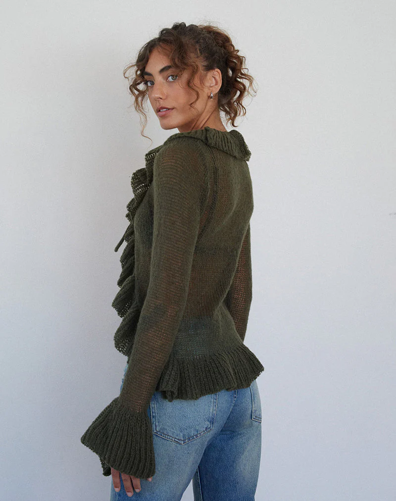Kendra Ruffle Cardi in Khaki - Image 4